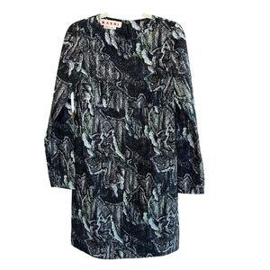 Marni Cotton Poplin Long Sleeve Shift Dress Black Abstract Print IT 38 US 2